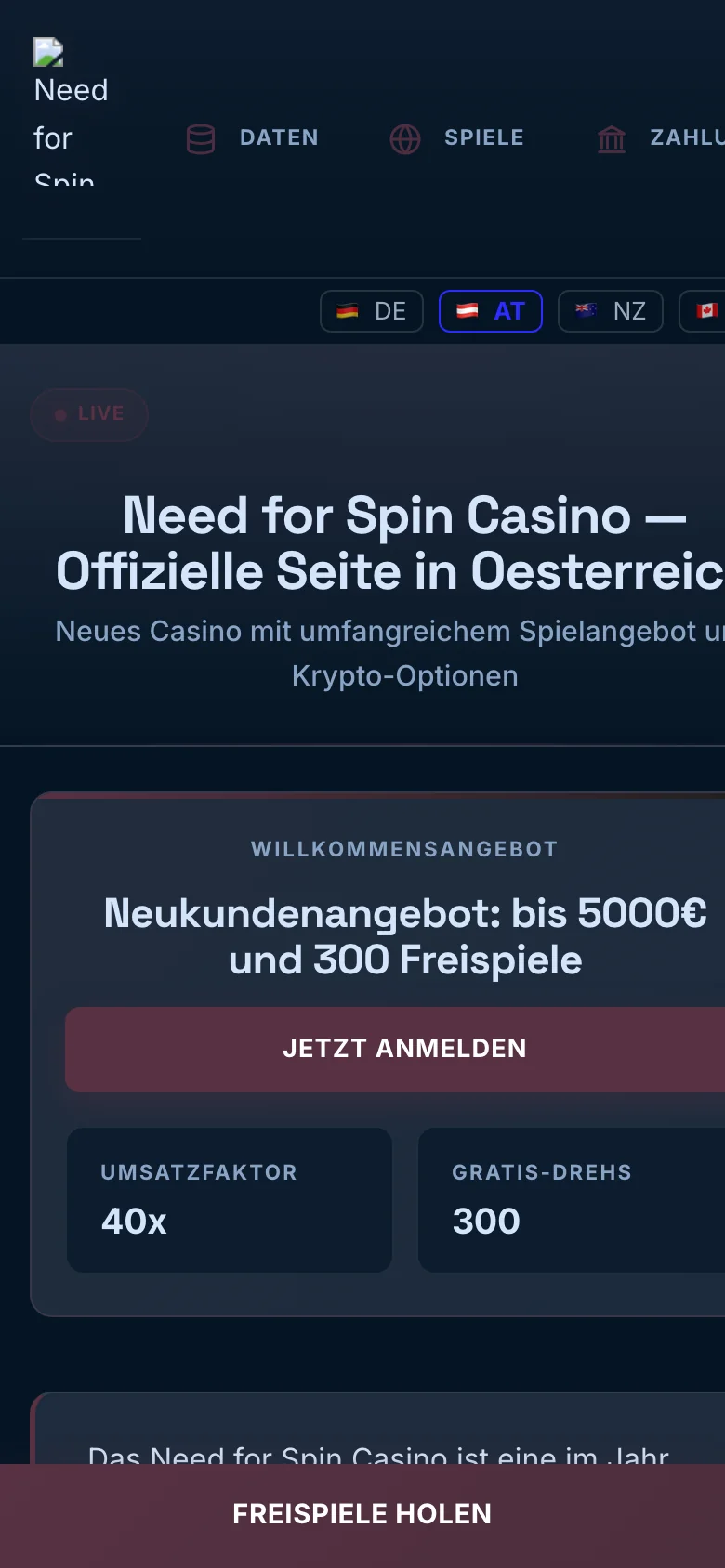 Need for Spin Casino mobile lobby screenshot