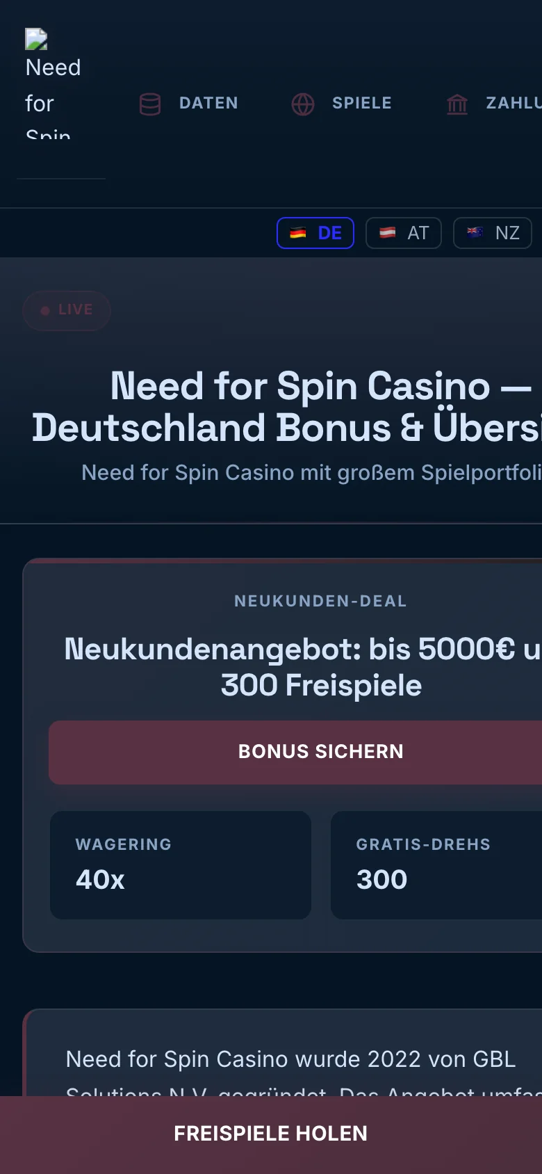 Need for Spin Casino mobile lobby screenshot