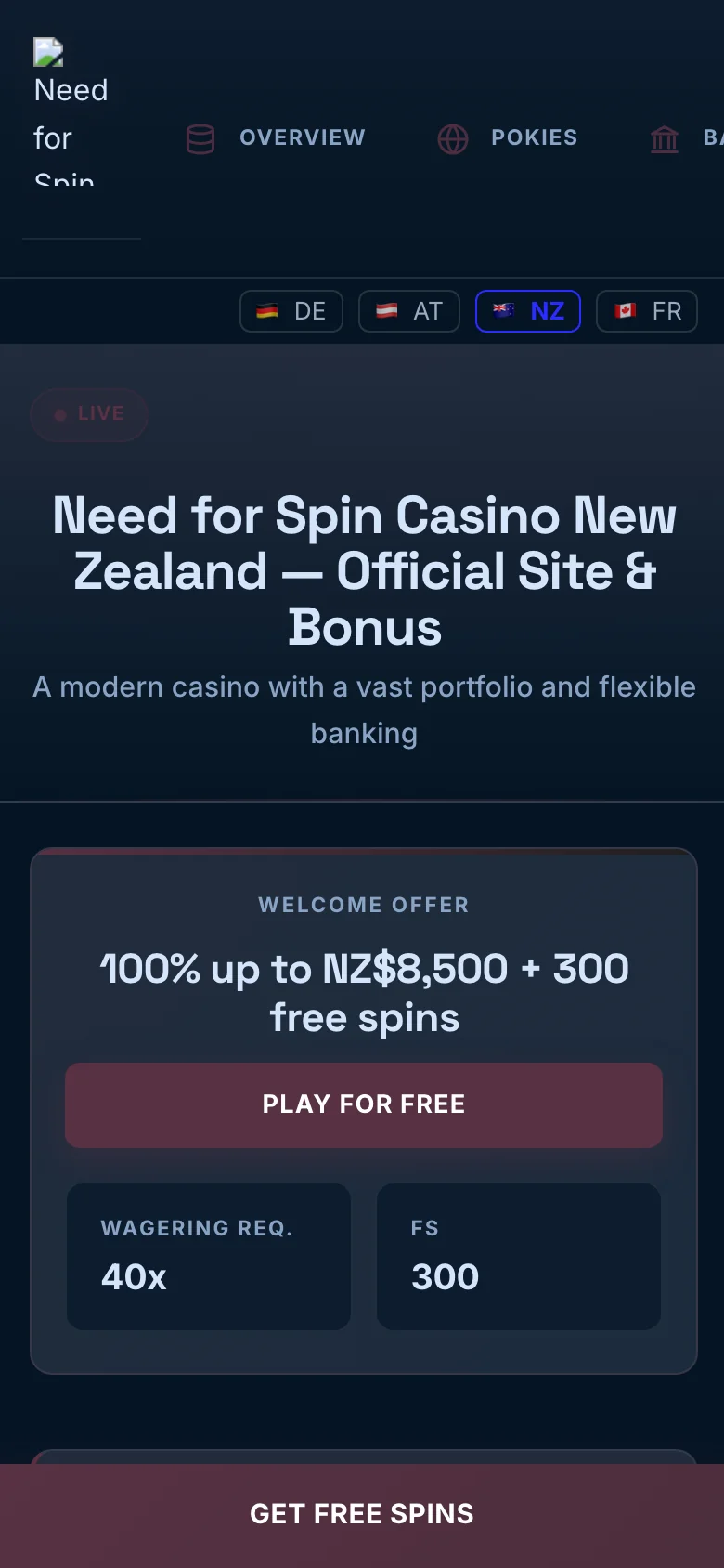 Need for Spin Casino mobile lobby screenshot